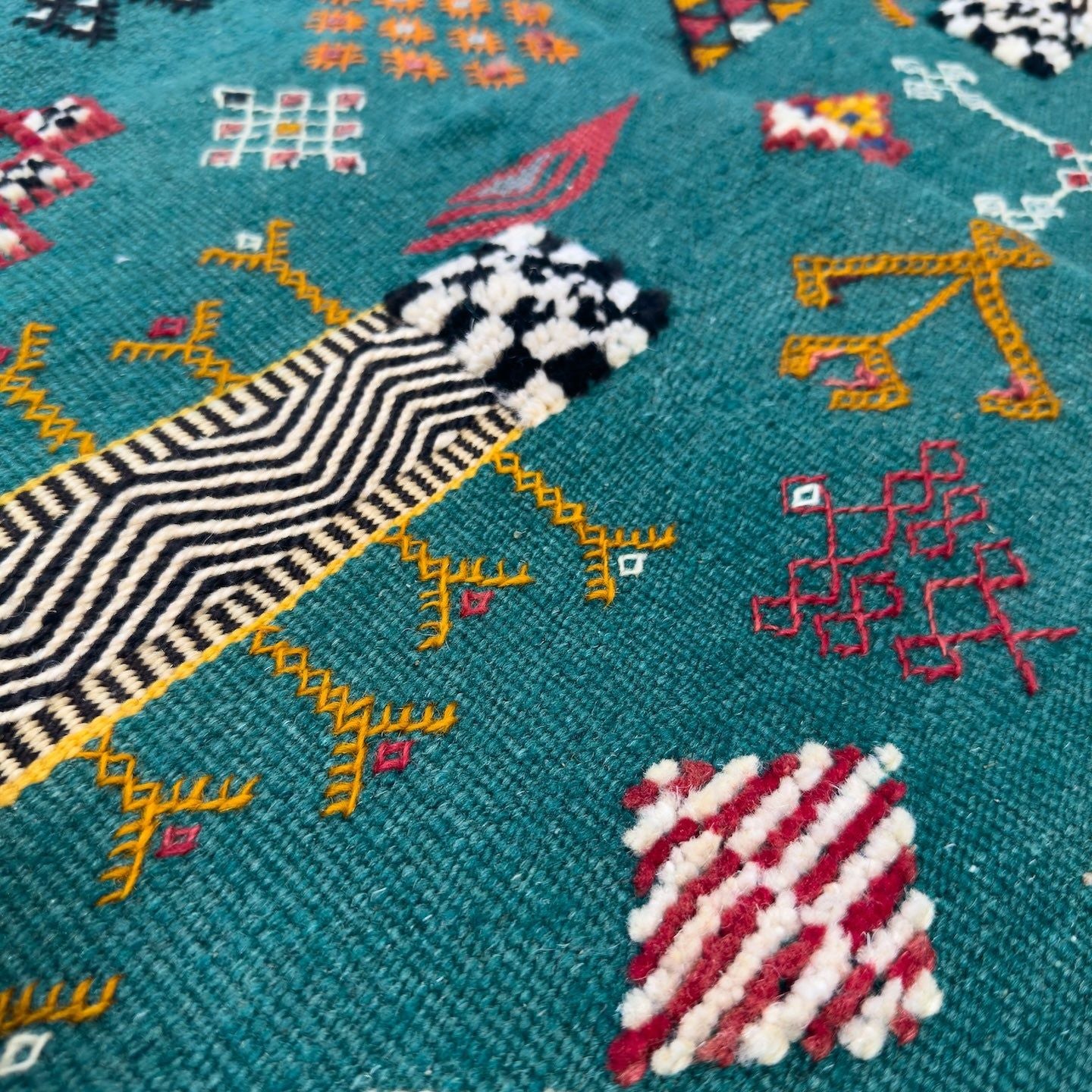 Beautiful Teal Handwoven Morocccan Kilim Rug with Colorful Embroidery