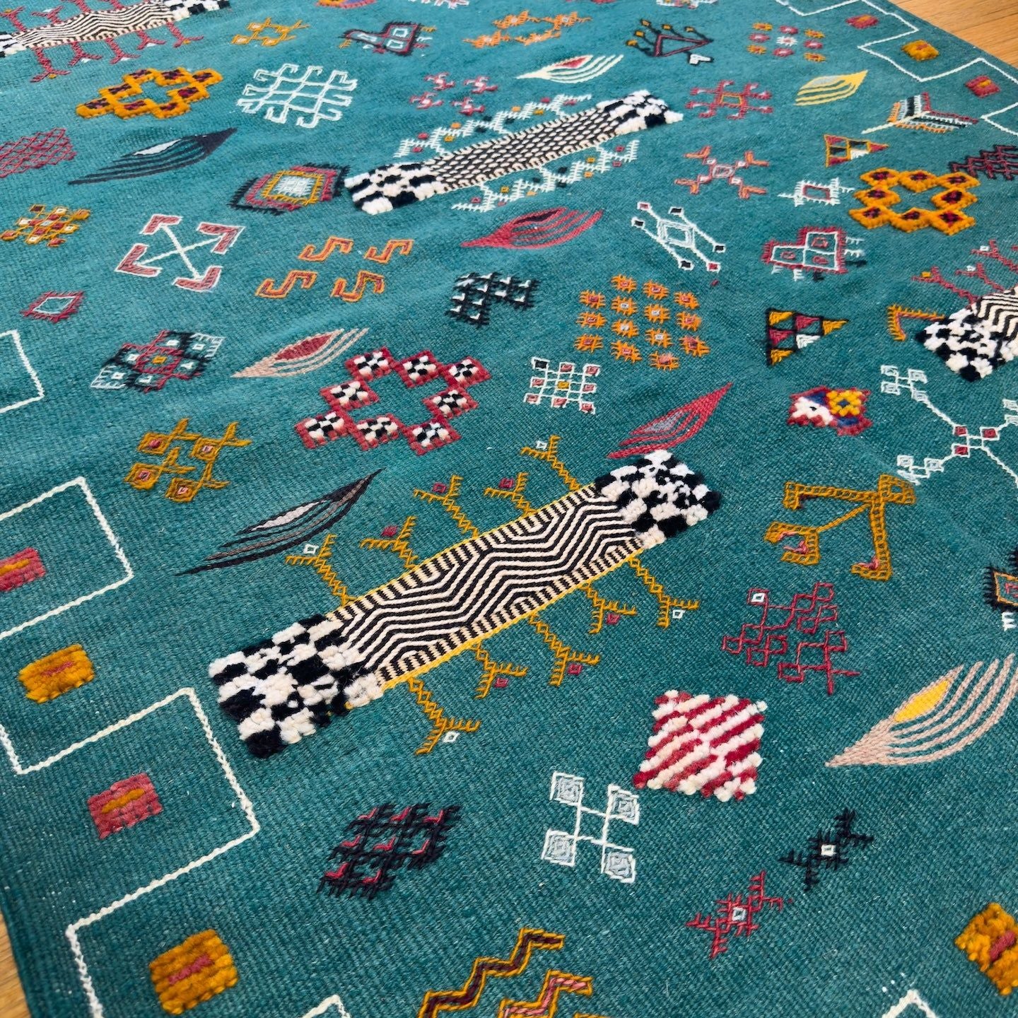 Beautiful Teal Handwoven Morocccan Kilim Rug with Colorful Embroidery