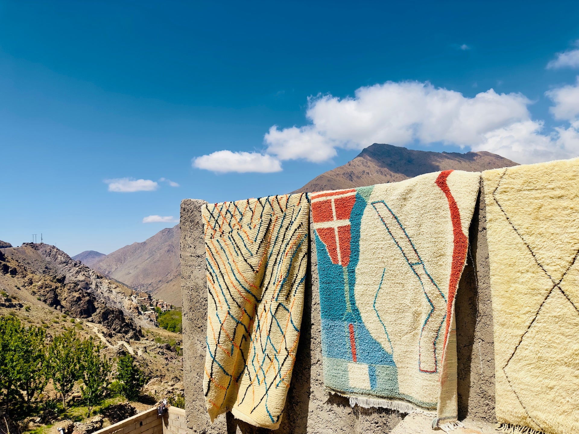 Moroccan Beni rugs drying in the Atlas Mountains